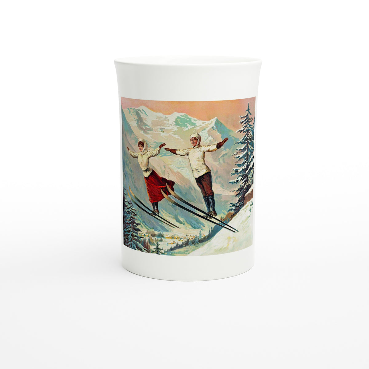 Tamagno, Chamonix ski jumpers, c. 1900 – Tazzarte fine porcelain mug, front view