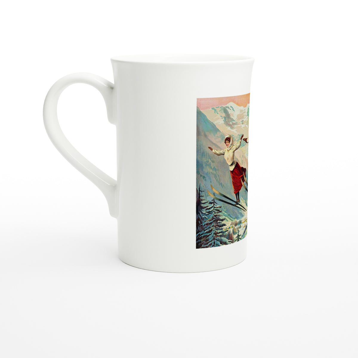 Tamagno, Chamonix ski jumpers, c. 1900 – Tazzarte fine porcelain mug, left view