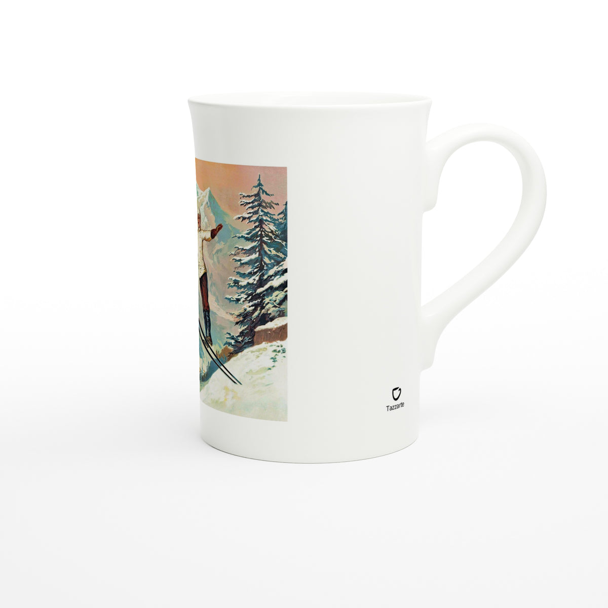 Tamagno, Chamonix ski jumpers, c. 1900 – Tazzarte fine porcelain mug, right view with Tazzarte logo beside the handle