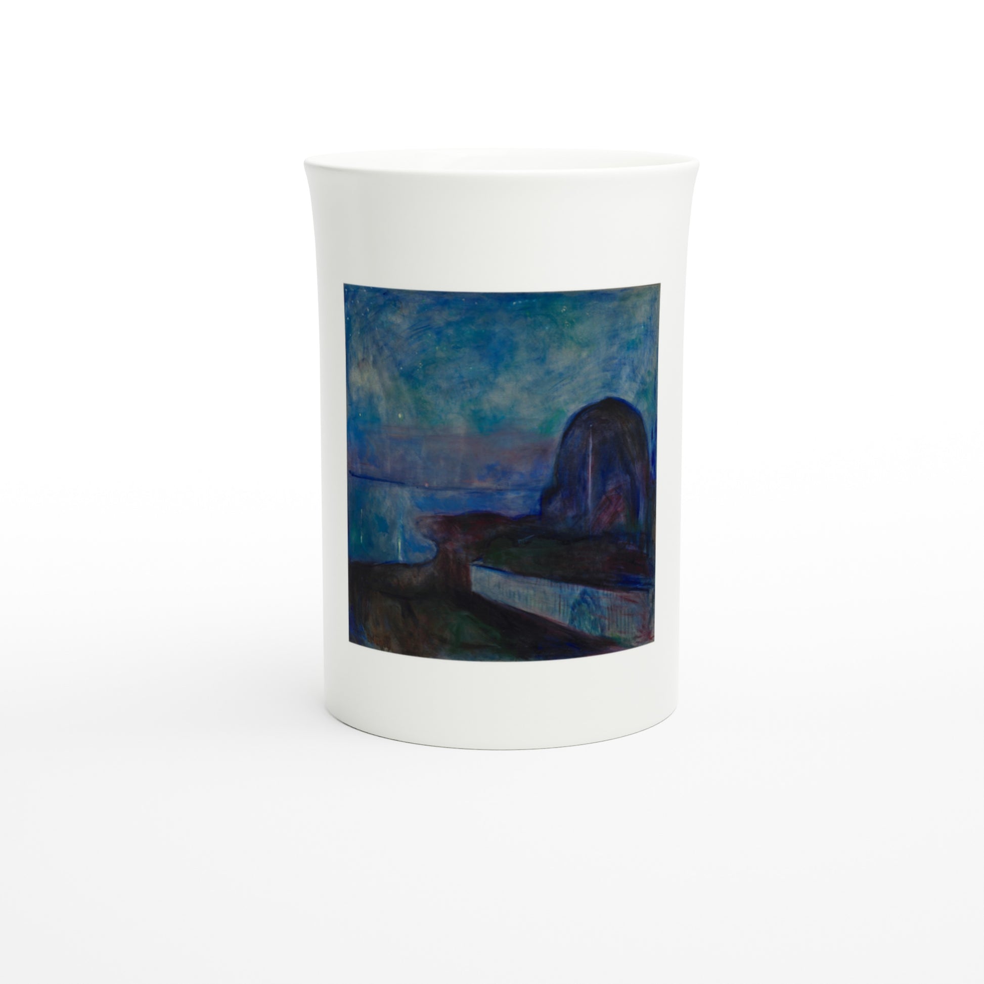 Fine porcelain art mug, front view, printed with Edvard Munch's Starry Night, 1893