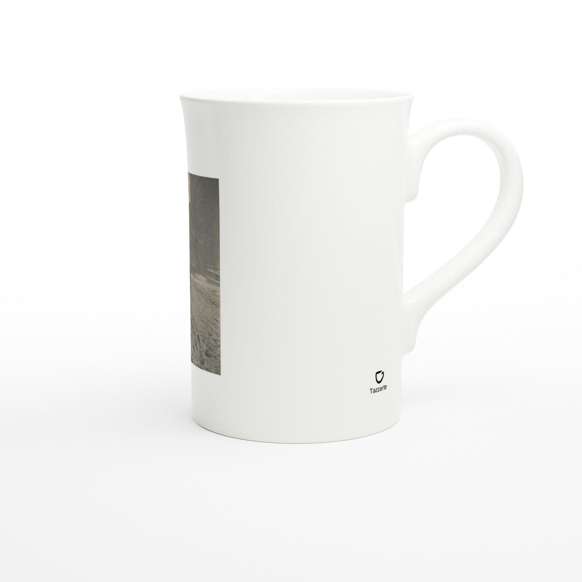 Tazzarte fine porcelain mug, right view with Tazzarte logo beside the handle