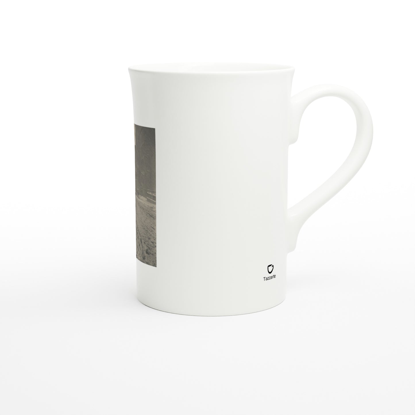 Tazzarte fine porcelain mug, right view with Tazzarte logo beside the handle