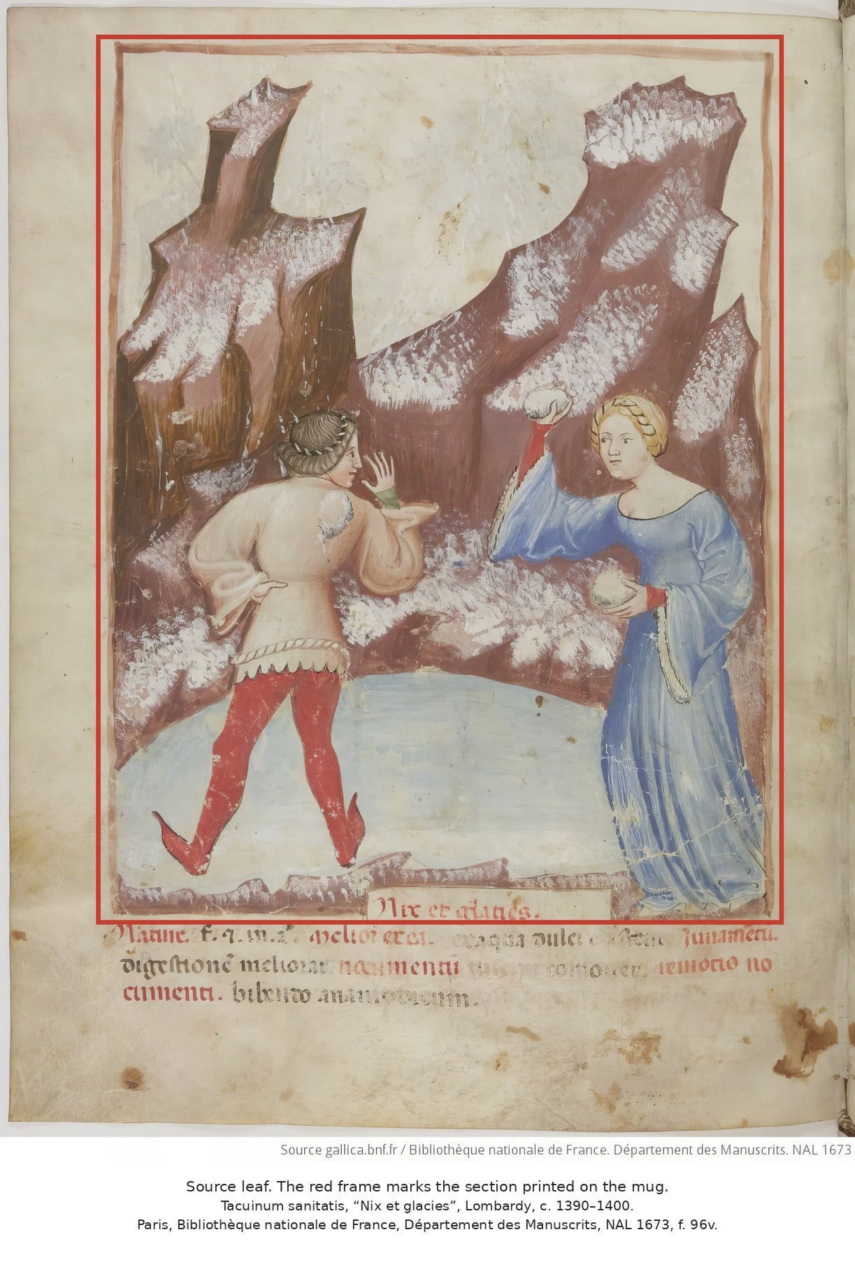 Source leaf: Tacuinum sanitatis, Nix et glacies, Paris, Bibliothèque nationale de France, NAL 1673, f. 96v — the red frame marks the section printed on the mug