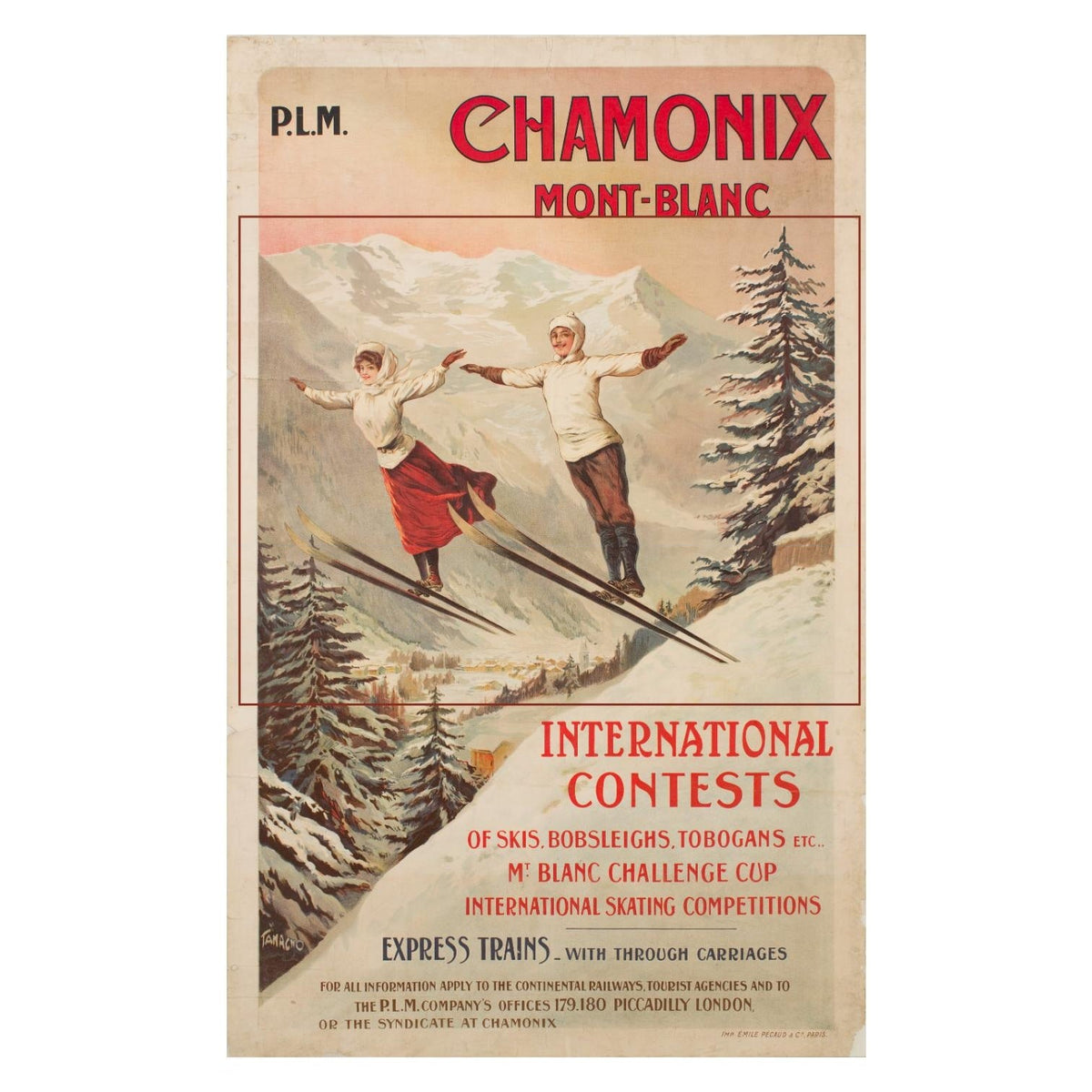 The source sheet: Tamagno's complete P.L.M. poster Chamonix — Mont-Blanc, printed by Émile Pécaud in Paris, with the part printed on the mug marked