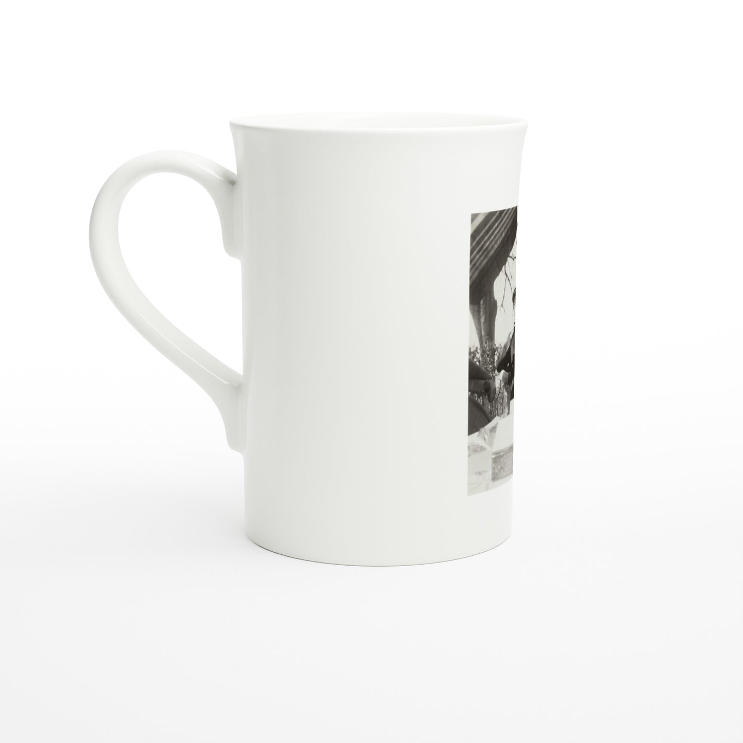 Left side of the mug with the terrace photograph wrapping around the porcelain