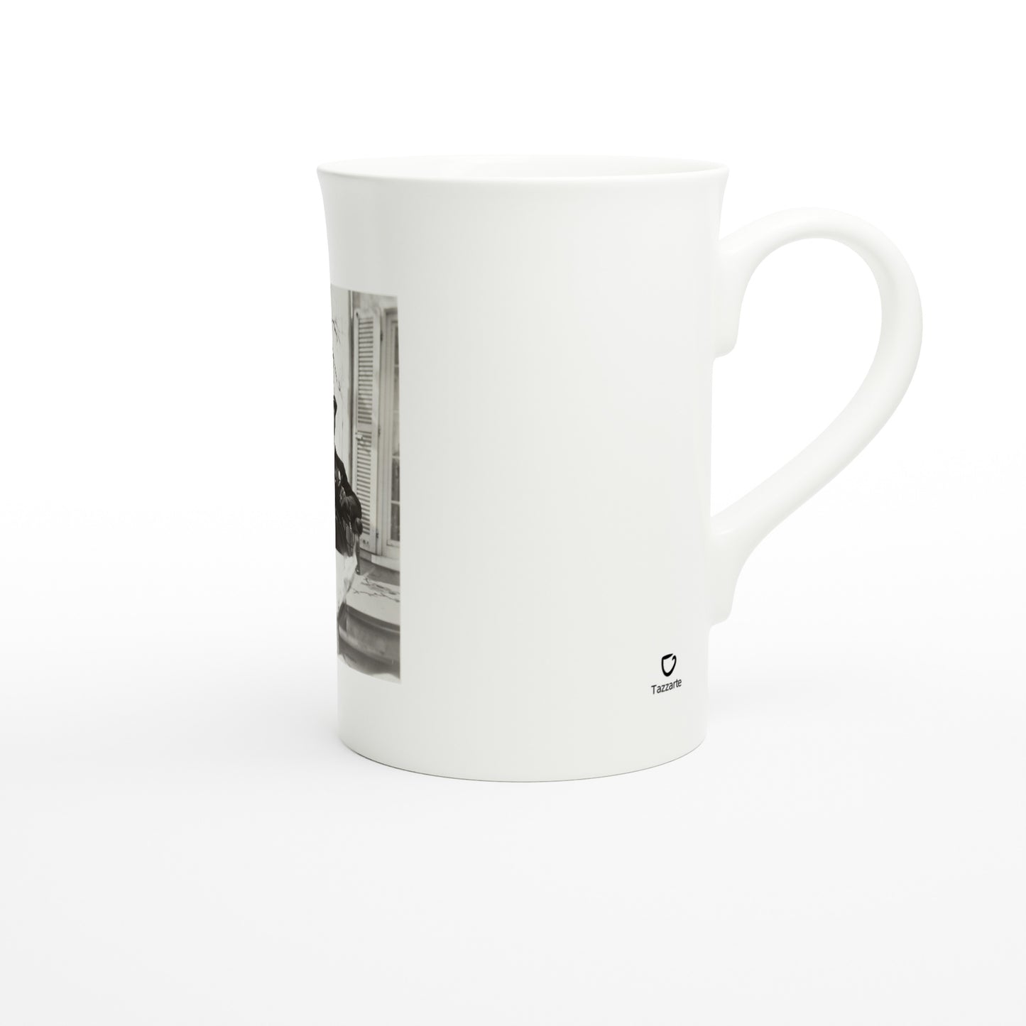 Side view of the mug showing the small black Tazzarte logo