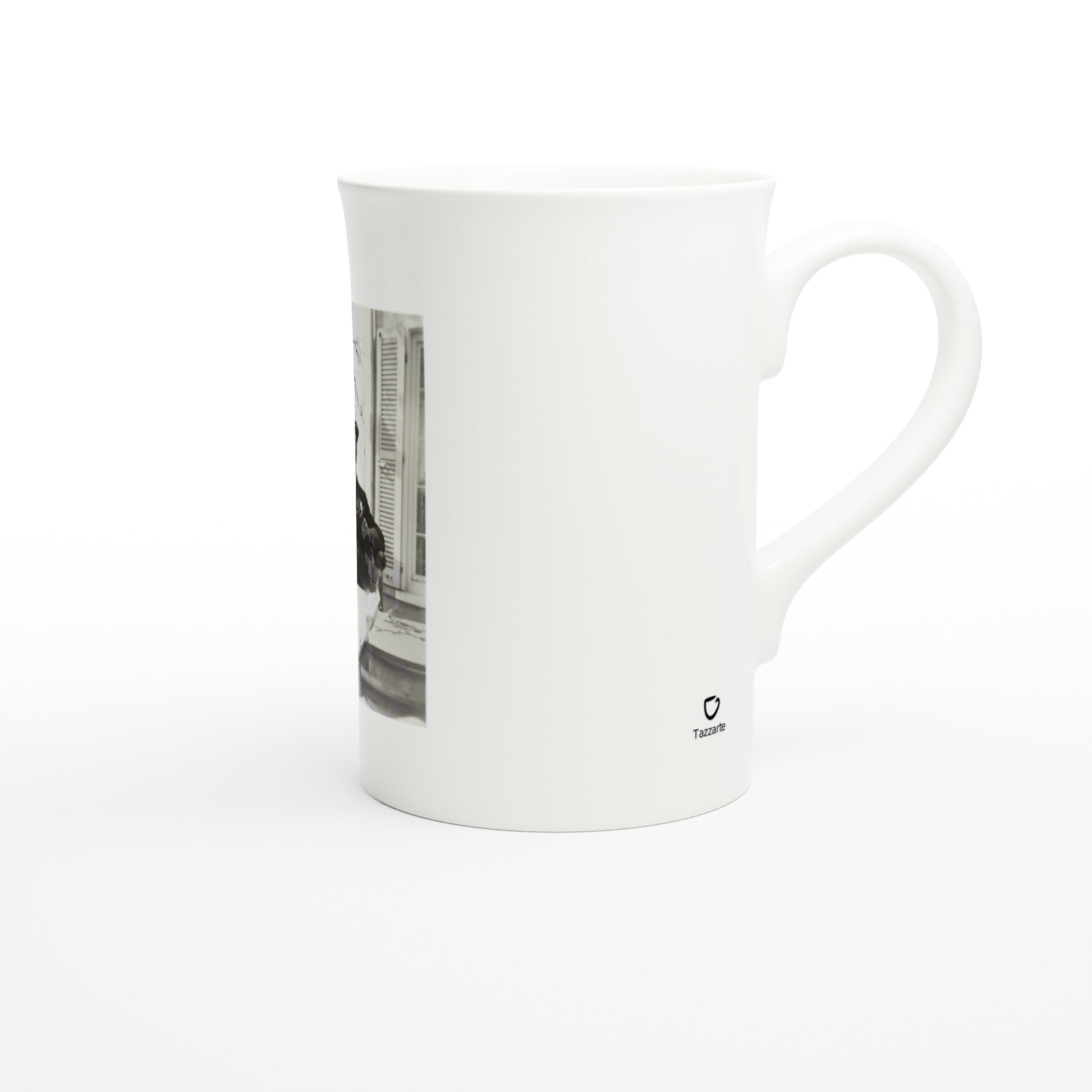 Side view of the mug showing the small black Tazzarte logo