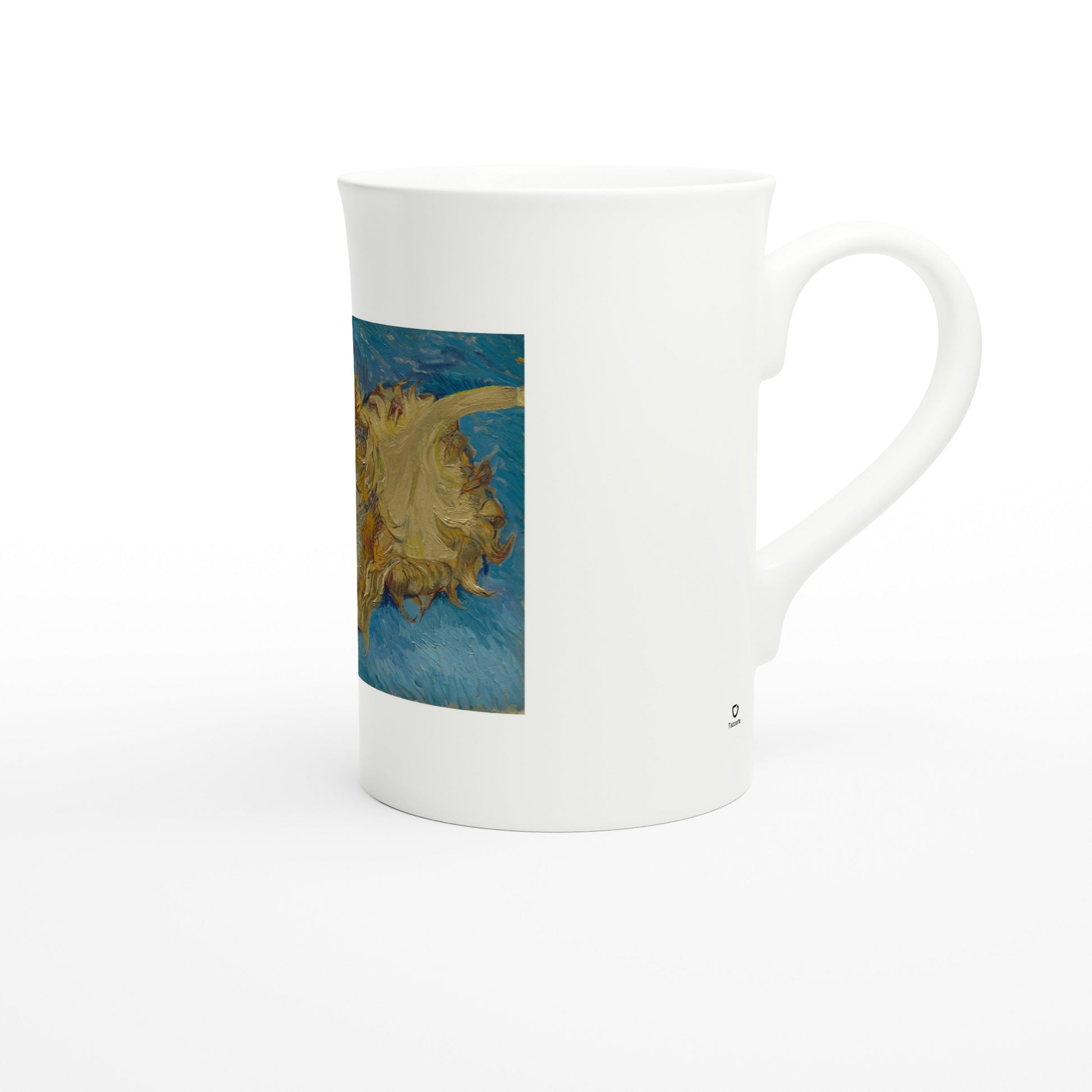 Tazzarte fine porcelain mug, right view with the Tazzarte logo beside the handle