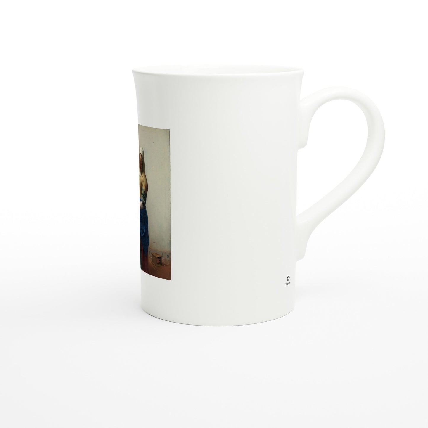 Tazzarte fine porcelain mug, right view with the Tazzarte logo beside the handle