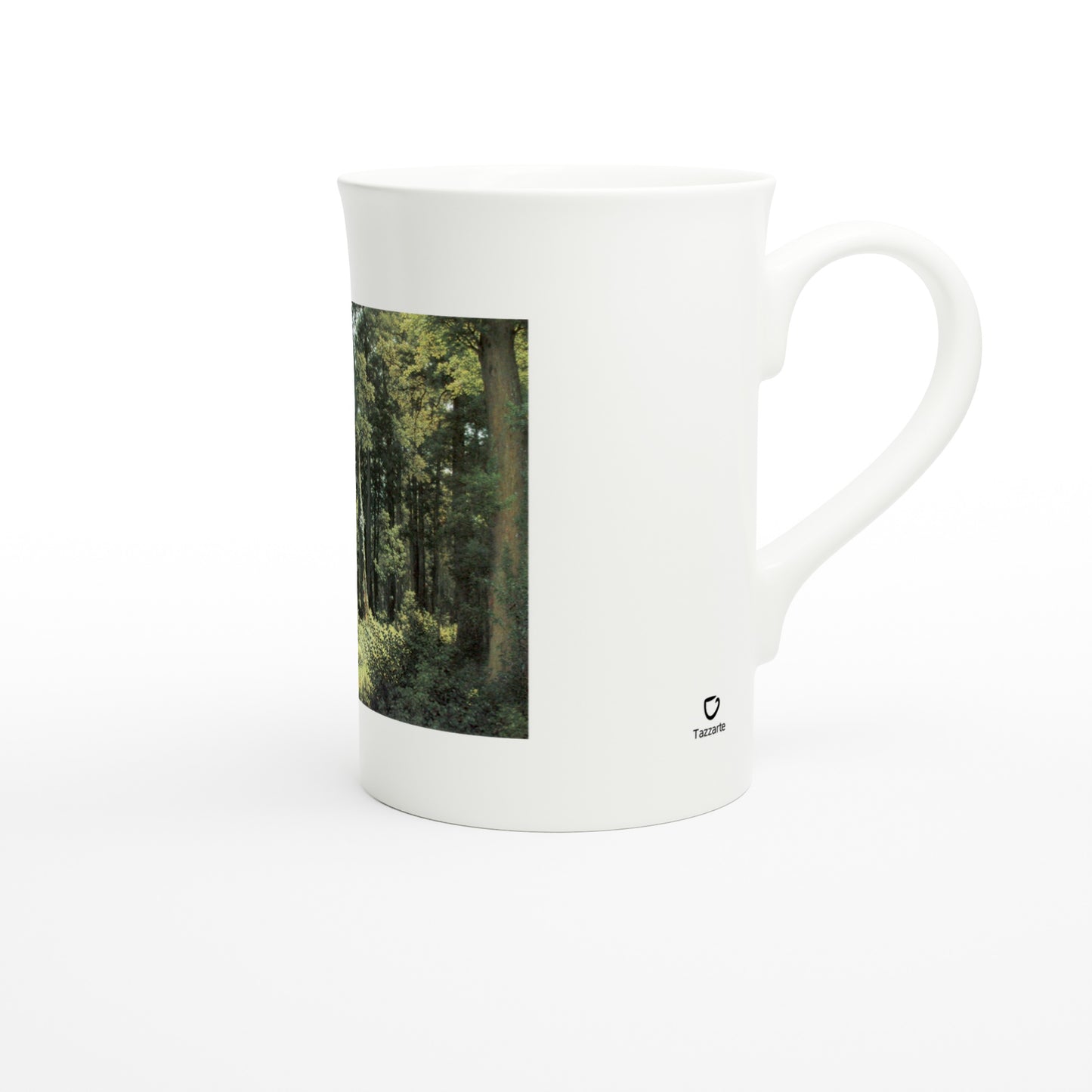 Tazzarte fine porcelain mug, right view with Tazzarte logo beside the handle