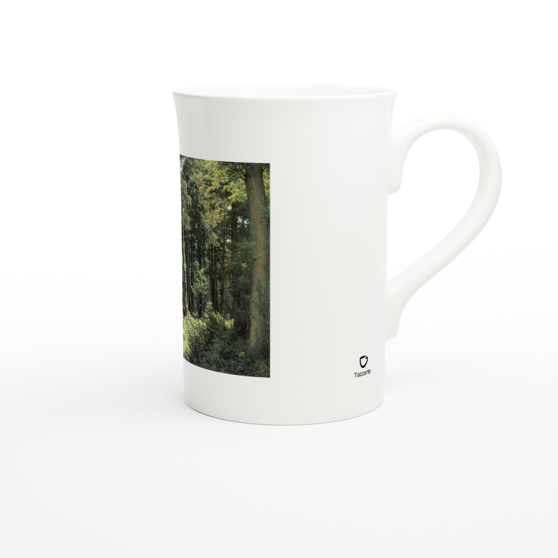 Tazzarte fine porcelain mug, right view with Tazzarte logo beside the handle