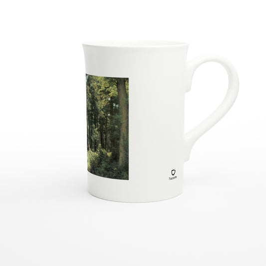 Tazzarte fine porcelain mug, right view with Tazzarte logo beside the handle