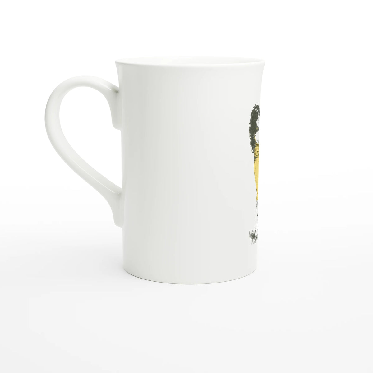 Heidi Waving – porcelain art mug seen from the side, handle on the right