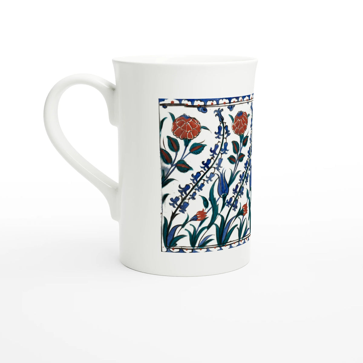 Iznik tankard with tulips and carnations – porcelain art mug seen from the side, handle on the left
