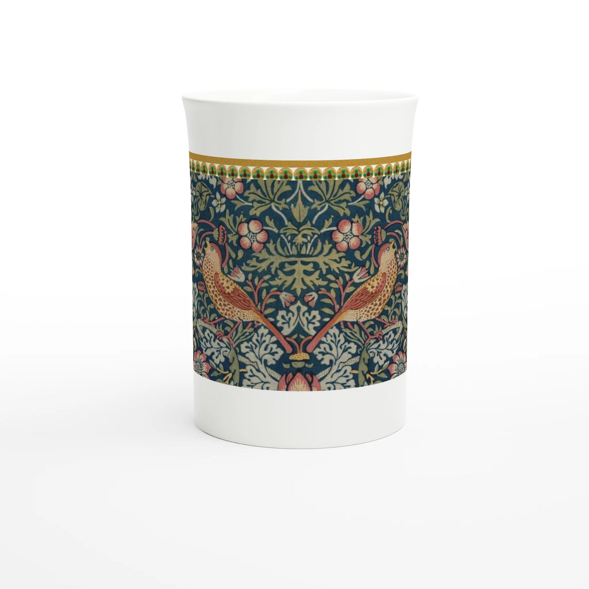 William Morris – Strawberry Thief, 1883 – Tazzarte fine porcelain mug, front view with the pair of thrushes centred