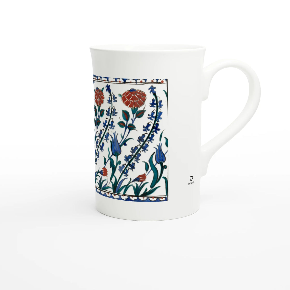 Iznik tankard with tulips and carnations – porcelain art mug seen from the other side, handle on the right