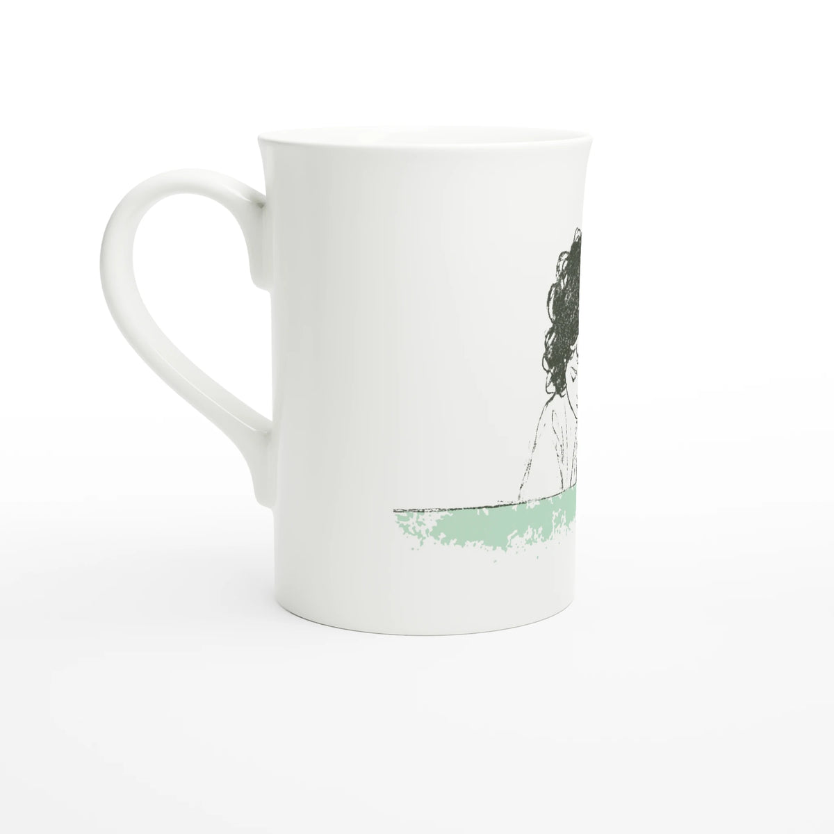 Heidi at the Table – porcelain art mug seen from the side, handle on the right