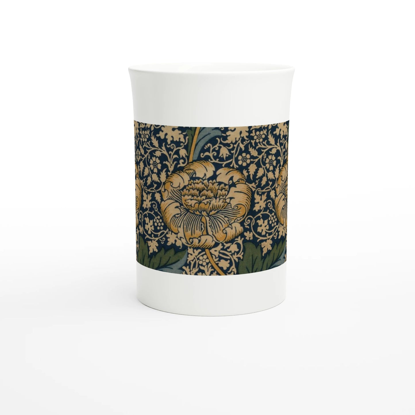 William Morris – Kennet, 1883 – Tazzarte fine porcelain mug, front view with one whole pomegranate bloom centred