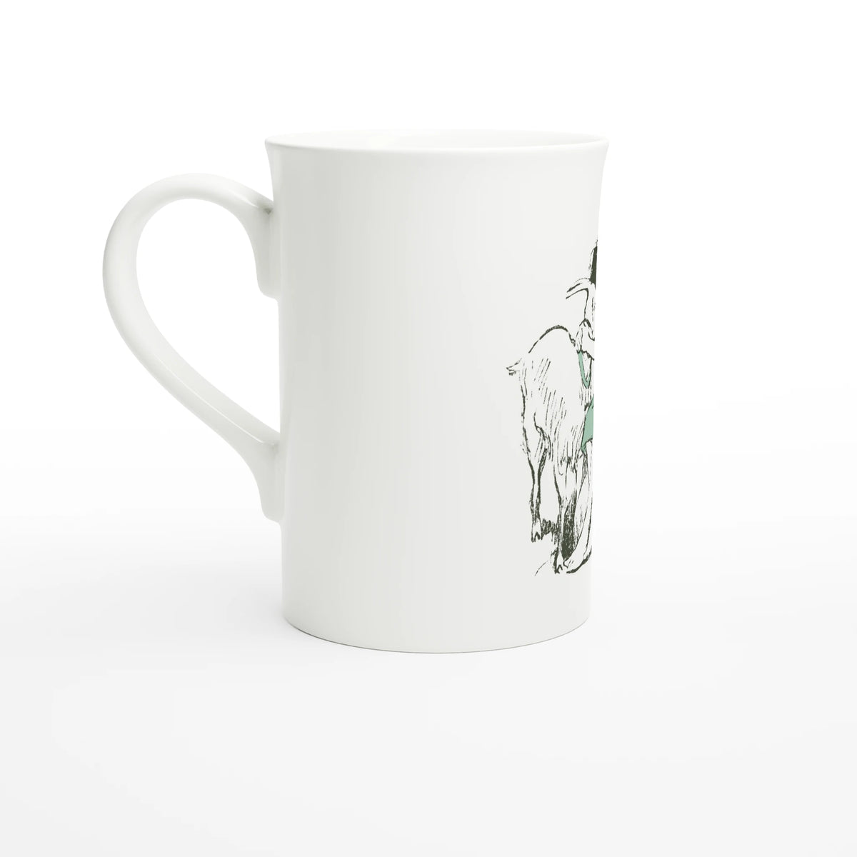 Heidi Hugging a Goat – porcelain art mug seen from the other side, handle on the left