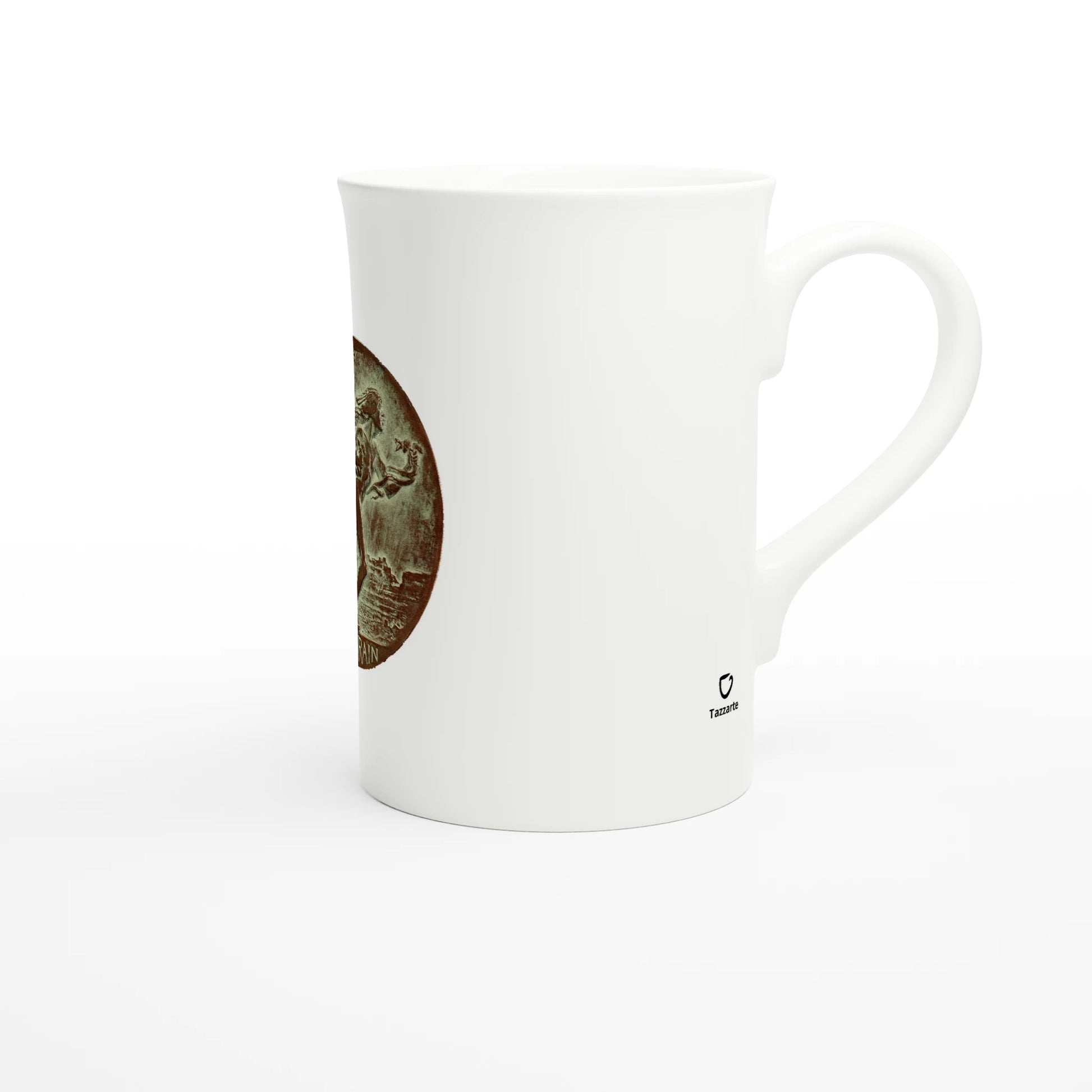 Tazzarte fine porcelain mug, right view with the Tazzarte logo beside the handle