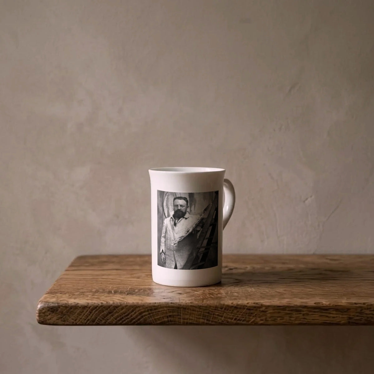 Alvin Langdon Coburn: Henri Matisse, 1913 – porcelain art mug on an oiled oak shelf against a limewashed wall