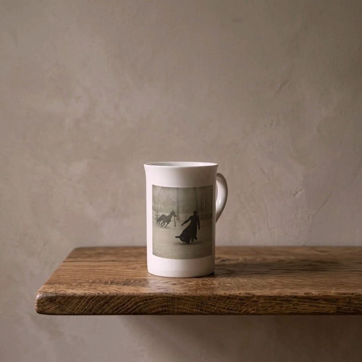 Attributed to Félix Thiollier: Lady and Horse in the Snow, 1899 – porcelain art mug on an oiled oak shelf against a limewashed wall