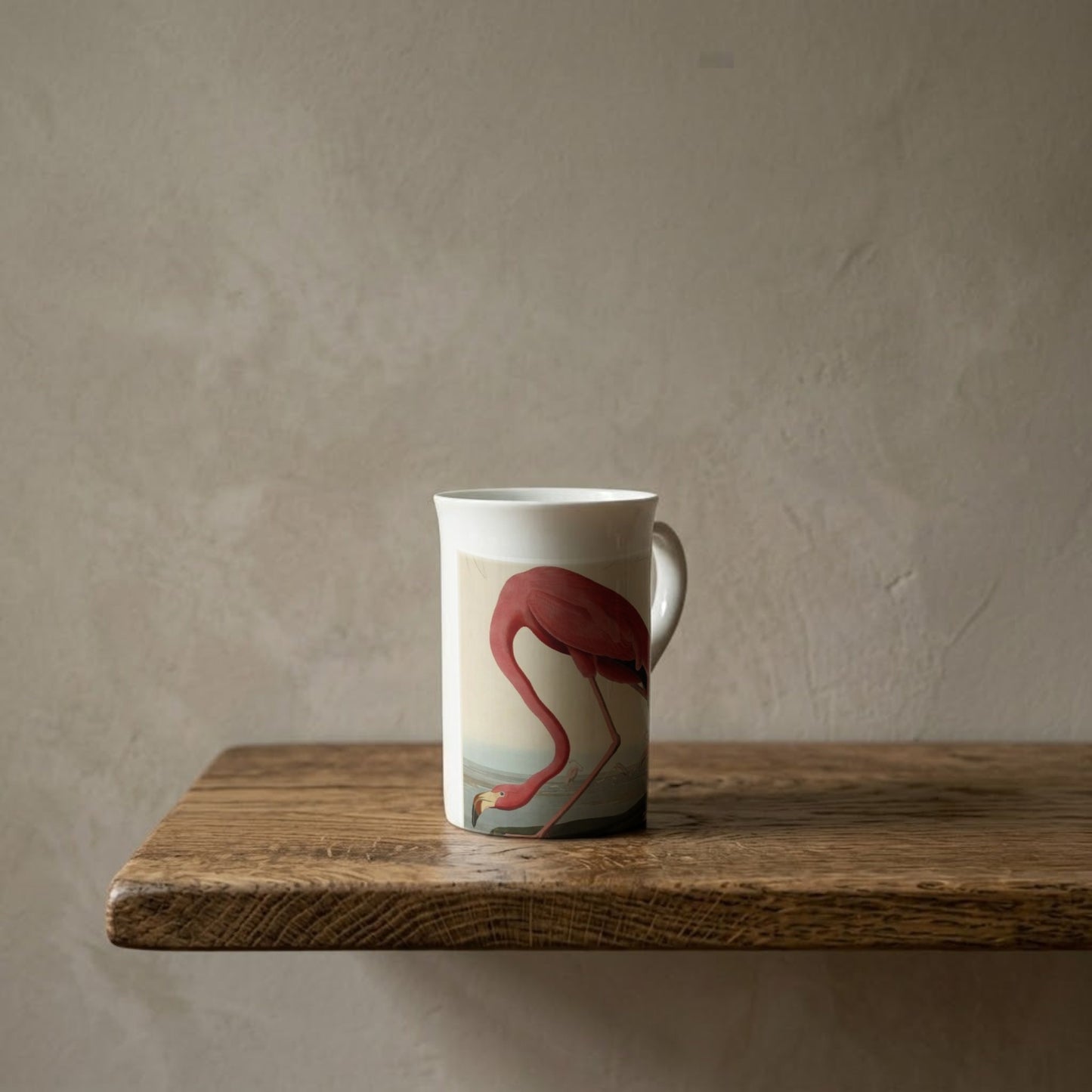 John James Audubon: American Flamingo (Detail), 1838 – porcelain art mug on an oiled oak shelf against a limewashed wall