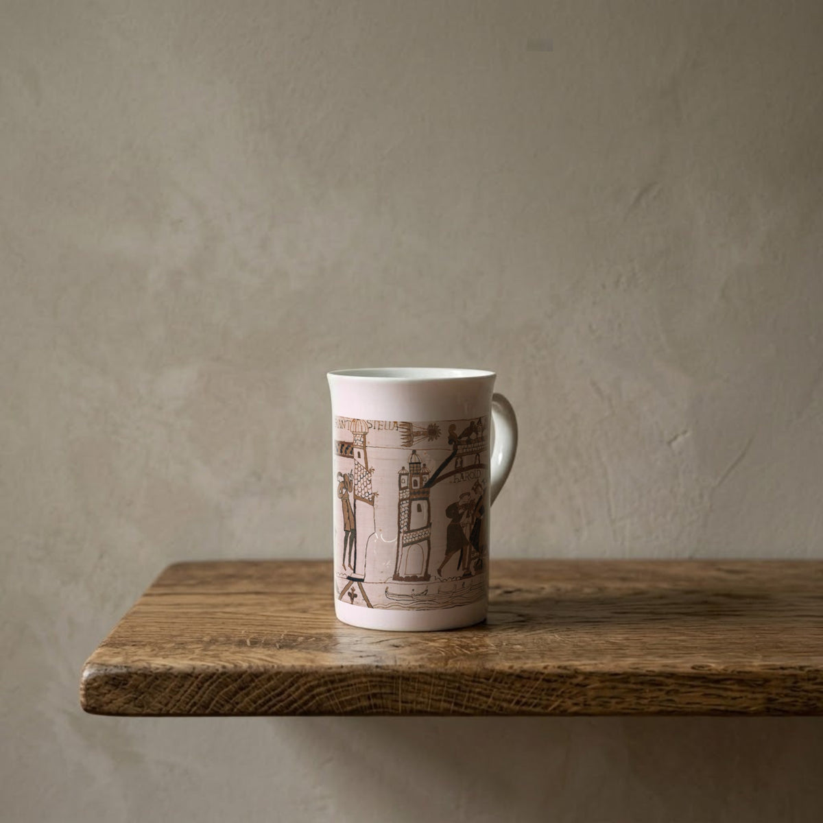 Bayeux Tapestry: Halley's Comet, 1066 – porcelain art mug on an oiled oak shelf against a limewashed wall