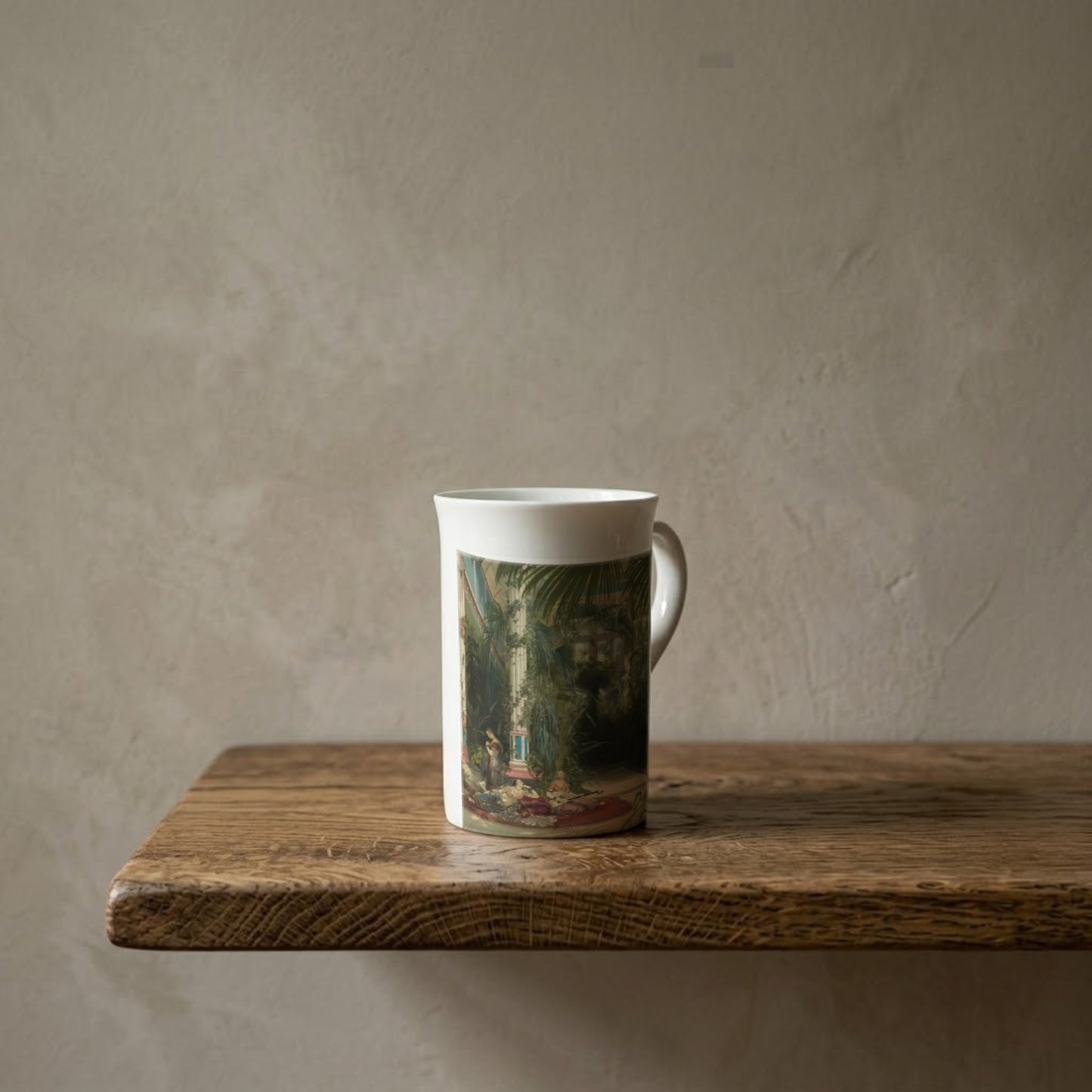 Carl Blechen: The Palm House on the Pfaueninsel (Detail), 1834 – porcelain art mug on an oiled oak shelf against a limewashed wall