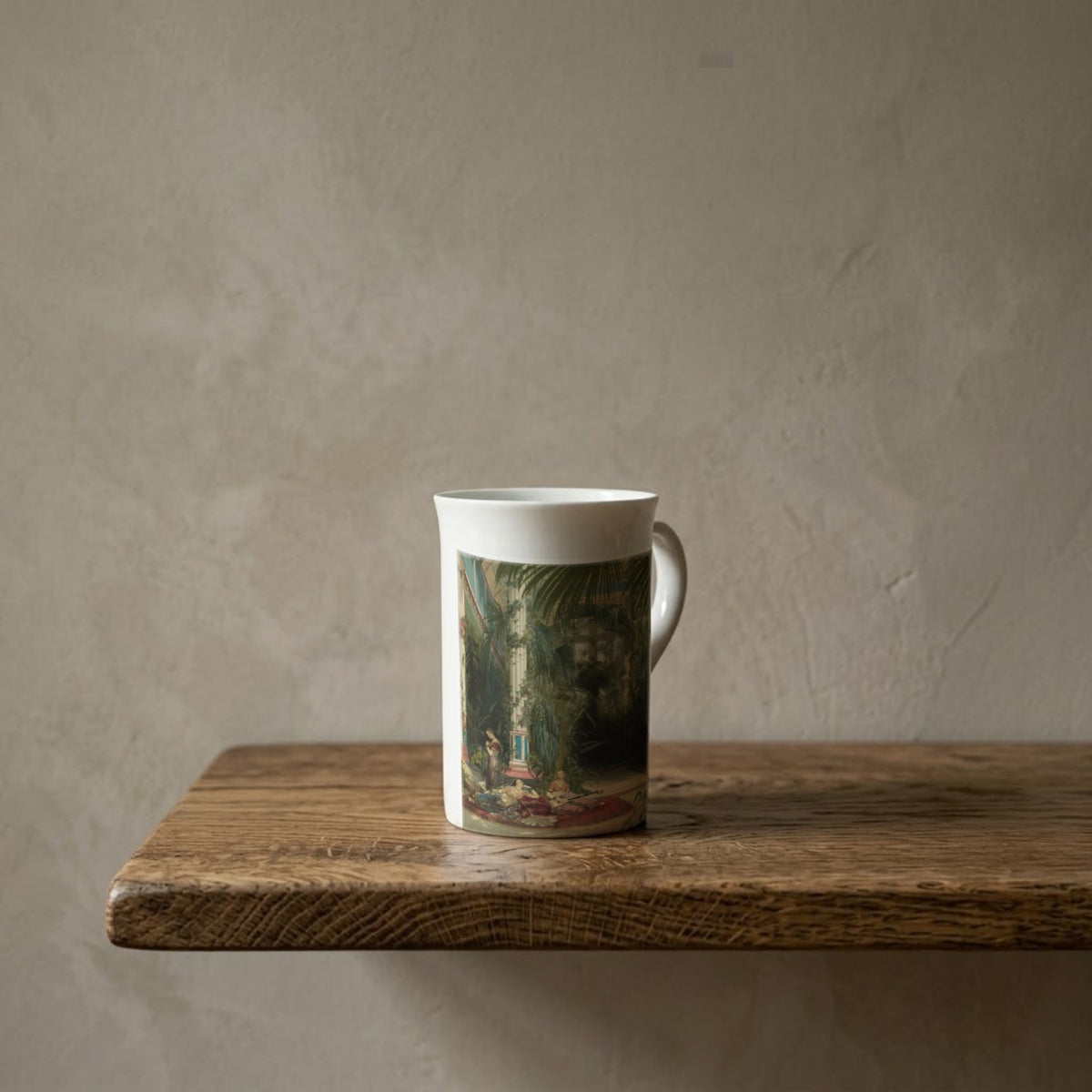 Carl Blechen: The Palm House on the Pfaueninsel (Detail), 1834 – porcelain art mug on an oiled oak shelf against a limewashed wall