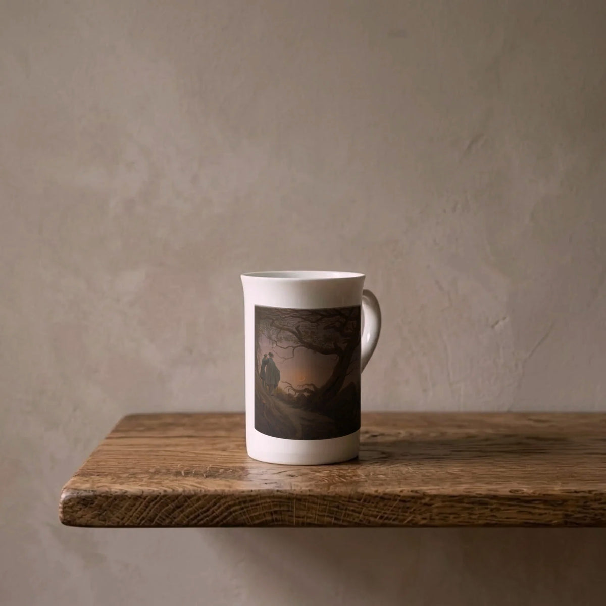 Caspar David Friedrich: Two Men Contemplating the Moon, 1825 – porcelain art mug on an oiled oak shelf against a limewashed wall