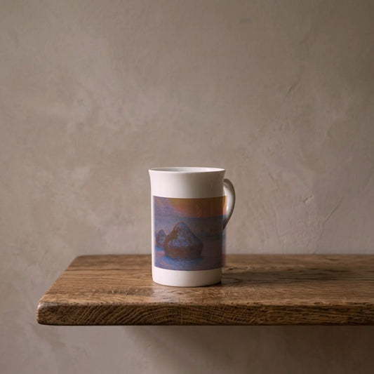 Claude Monet: Stacks of Wheat, 1890–91 – porcelain art mug on an oiled oak shelf against a limewashed wall