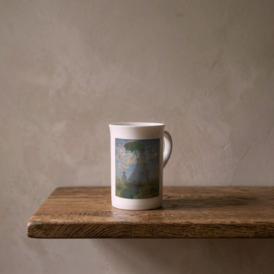 Claude Monet: Woman with a Parasol, 1875 – porcelain art mug on an oiled oak shelf against a limewashed wall