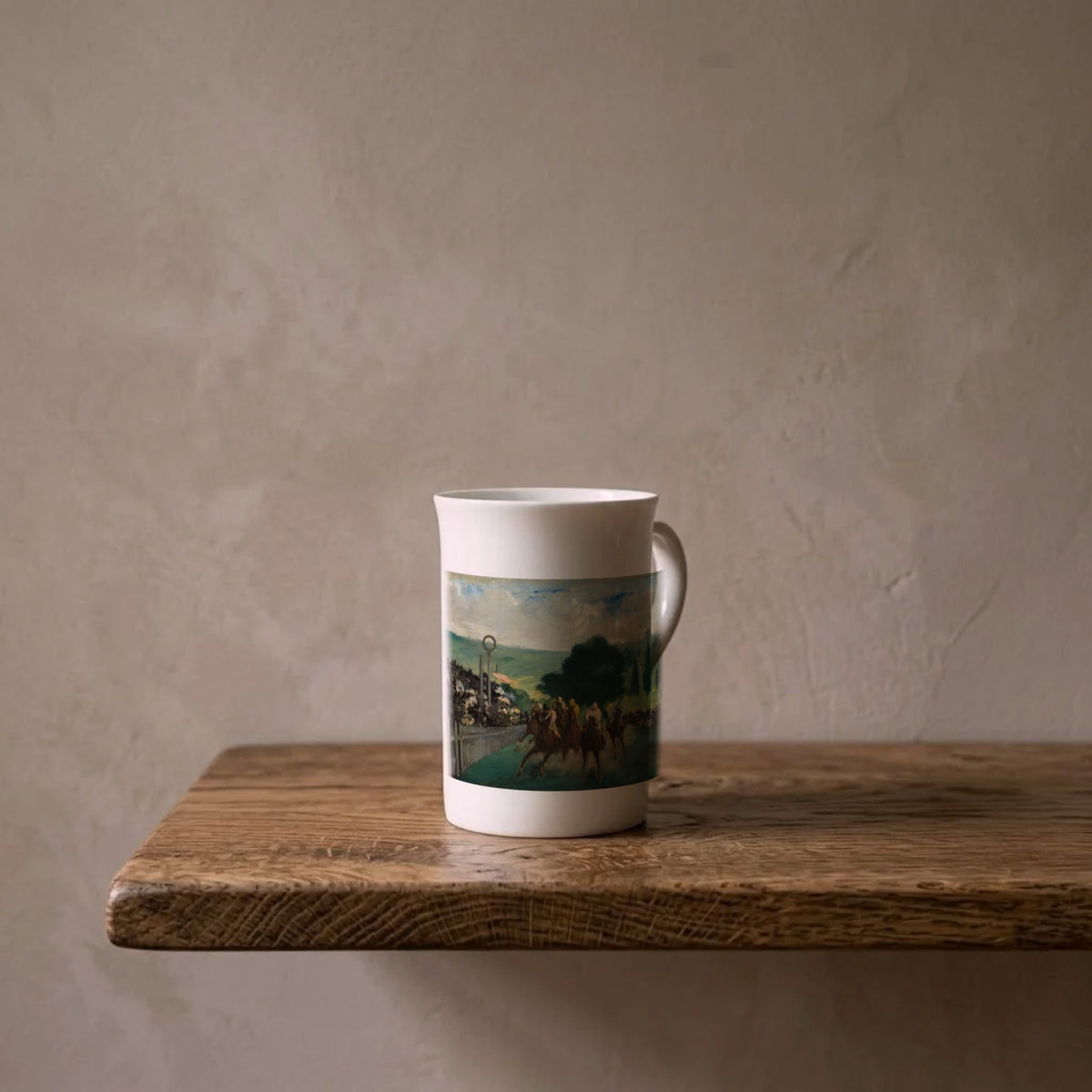 Édouard Manet: The Races at Longchamp, 1866 – porcelain art mug on an oiled oak shelf against a limewashed wall