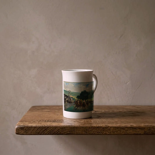 Édouard Manet: The Races at Longchamp, 1866 – porcelain art mug on an oiled oak shelf against a limewashed wall