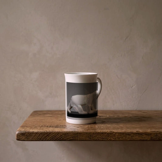 François Pompon: Polar Bear, 1922 – porcelain art mug on an oiled oak shelf against a limewashed wall