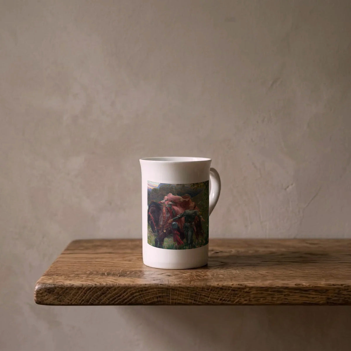 Frank Bernard Dicksee: La Belle Dame sans Merci, 1902 – porcelain art mug on an oiled oak shelf against a limewashed wall