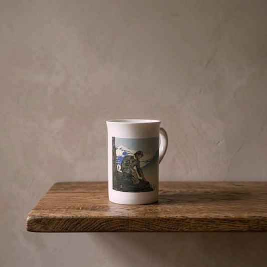 Frederic Dorr Steele: Sherlock Holmes, 1903 – porcelain art mug on an oiled oak shelf against a limewashed wall