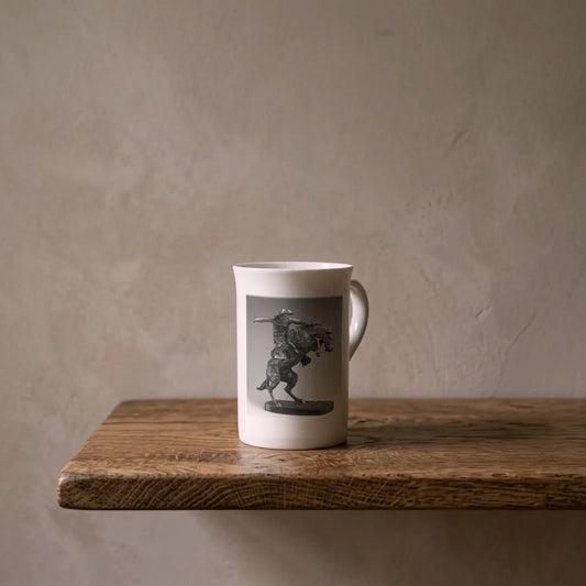 Frederic Remington: The Broncho Buster, 1895 – porcelain art mug on an oiled oak shelf against a limewashed wall