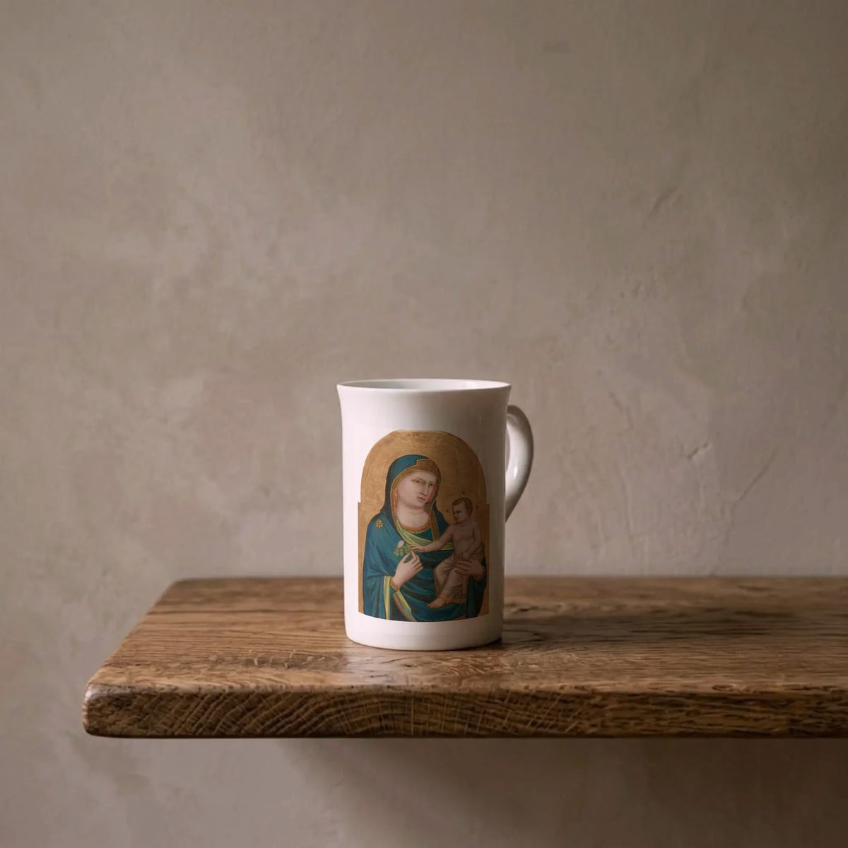 Giotto di Bondone: Madonna and Child, c. 1310 – porcelain art mug on an oiled oak shelf against a limewashed wall