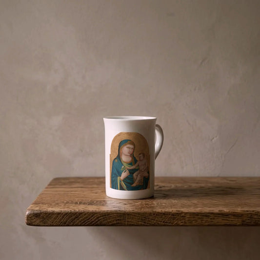 Giotto di Bondone: Madonna and Child, c. 1310 – porcelain art mug on an oiled oak shelf against a limewashed wall