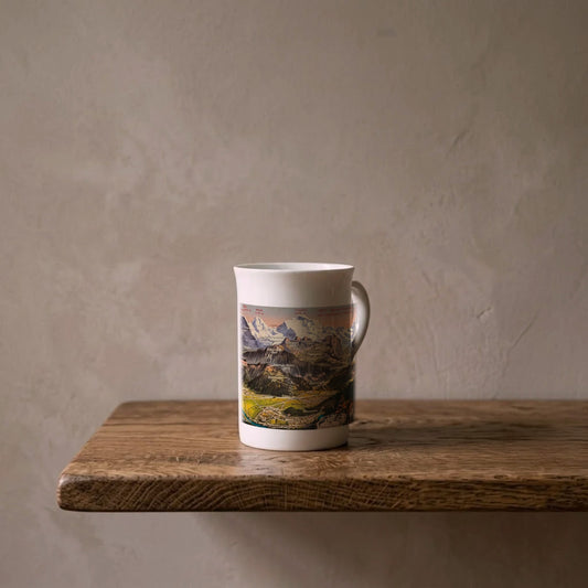 Harder Kulm Panorama: Swiss Alps, 1918 – porcelain art mug on an oiled oak shelf against a limewashed wall