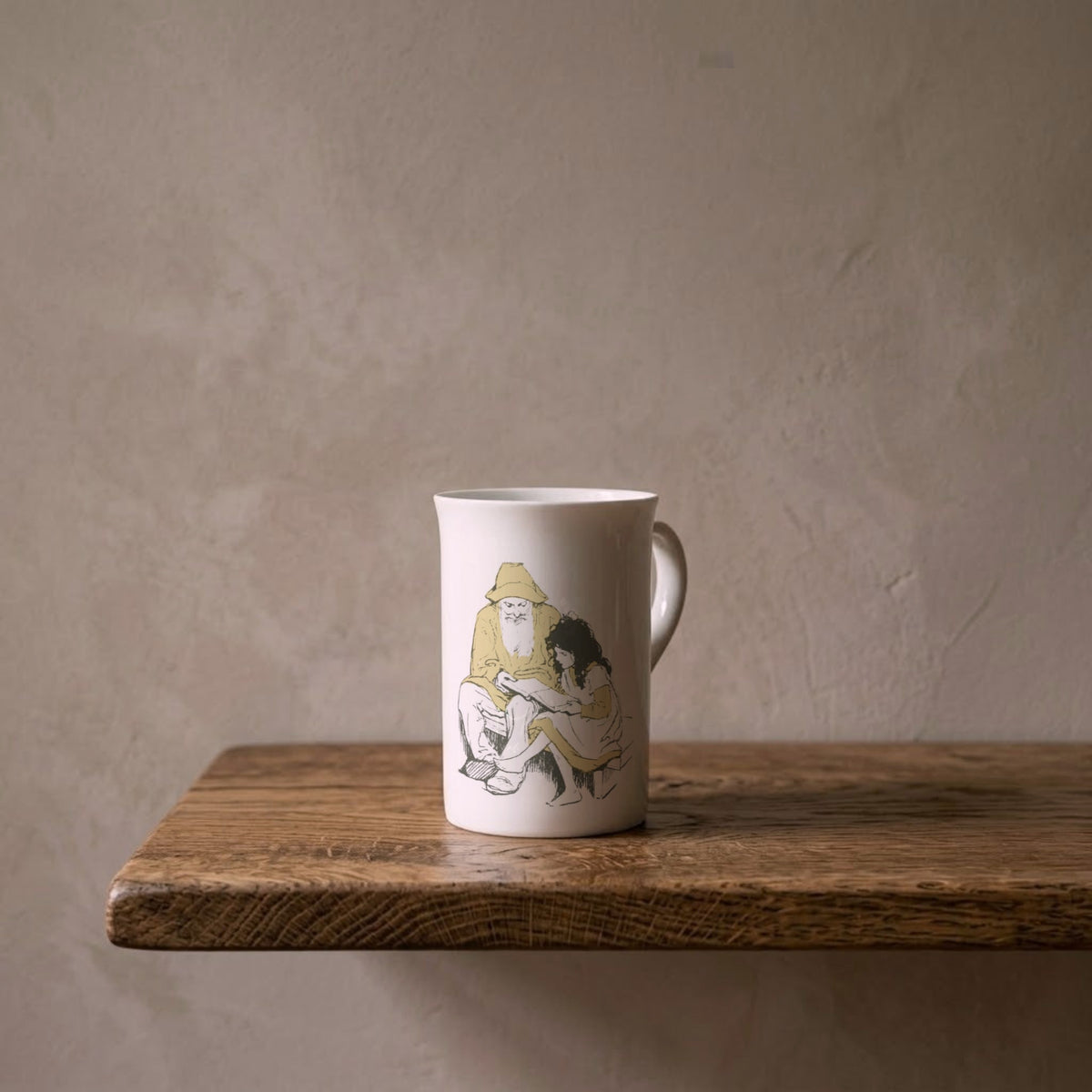 Heidi and Grandfather – porcelain art mug on an oiled oak shelf against a limewashed wall