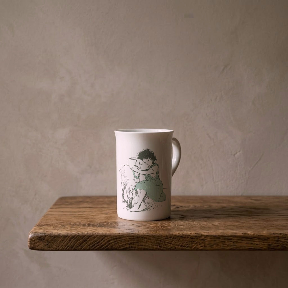 Heidi Hugging a Goat – porcelain art mug on an oiled oak shelf against a limewashed wall