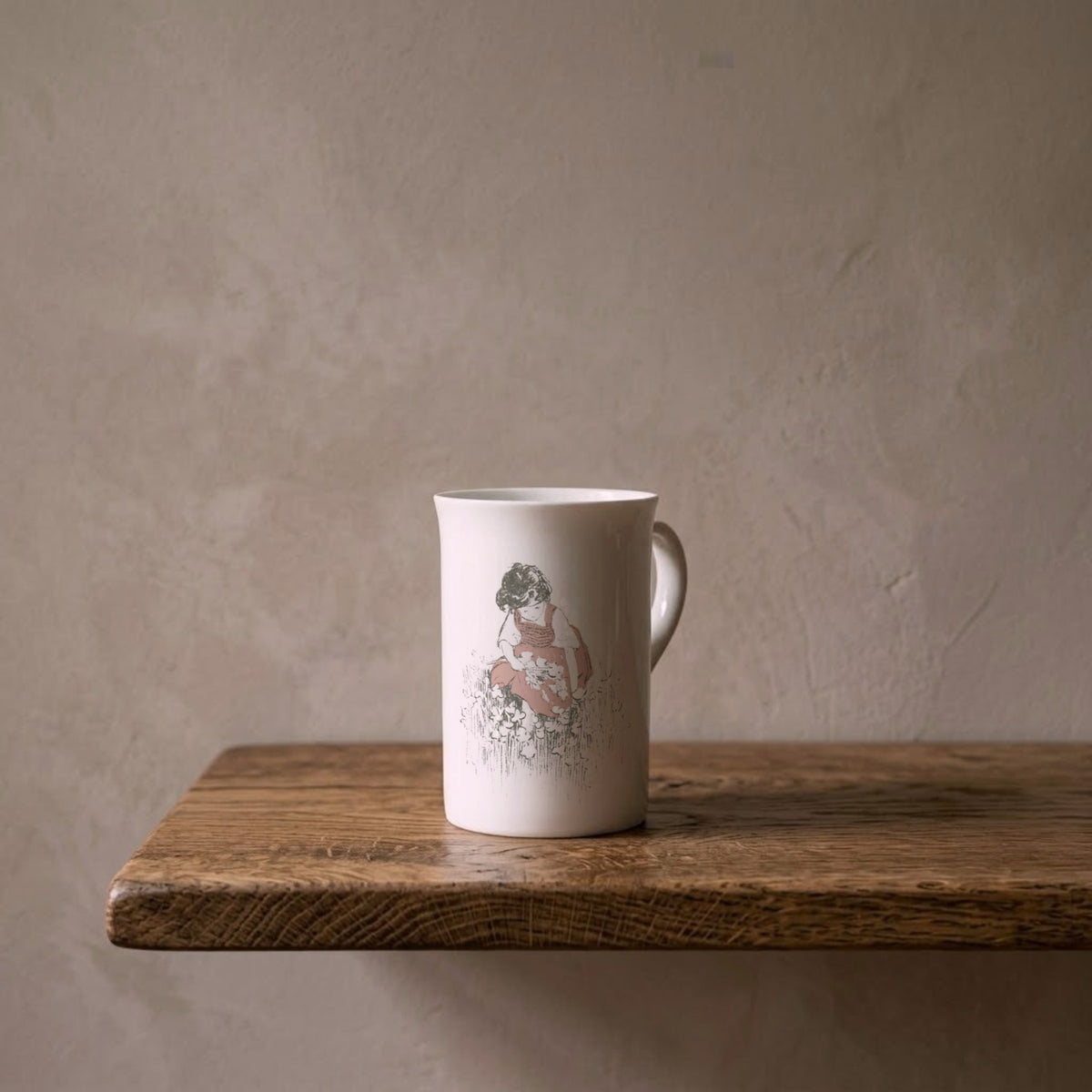 Heidi Picking Flowers – porcelain art mug on an oiled oak shelf against a limewashed wall