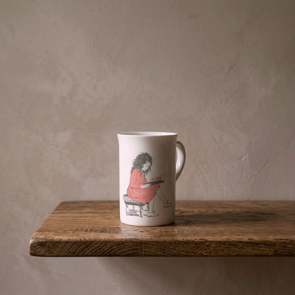 Heidi Reading – porcelain art mug on an oiled oak shelf against a limewashed wall