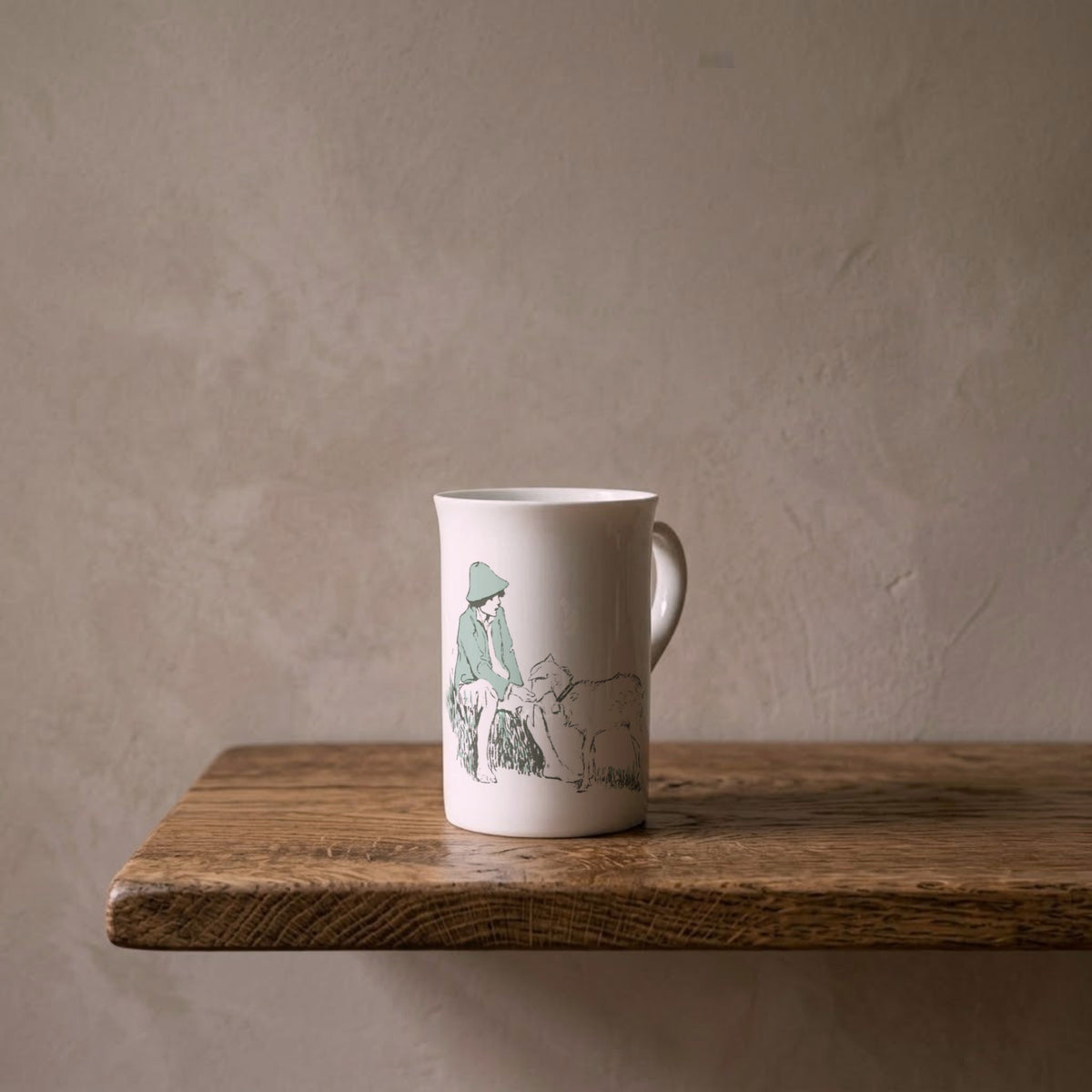Heidi with a Goat – porcelain art mug on an oiled oak shelf against a limewashed wall