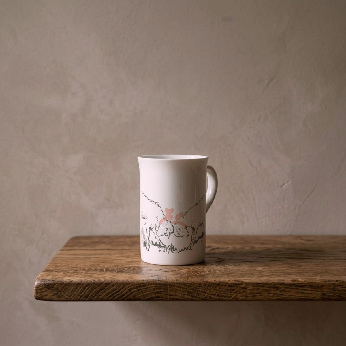 Two Goats with Pink Bows – porcelain art mug on an oiled oak shelf against a limewashed wall