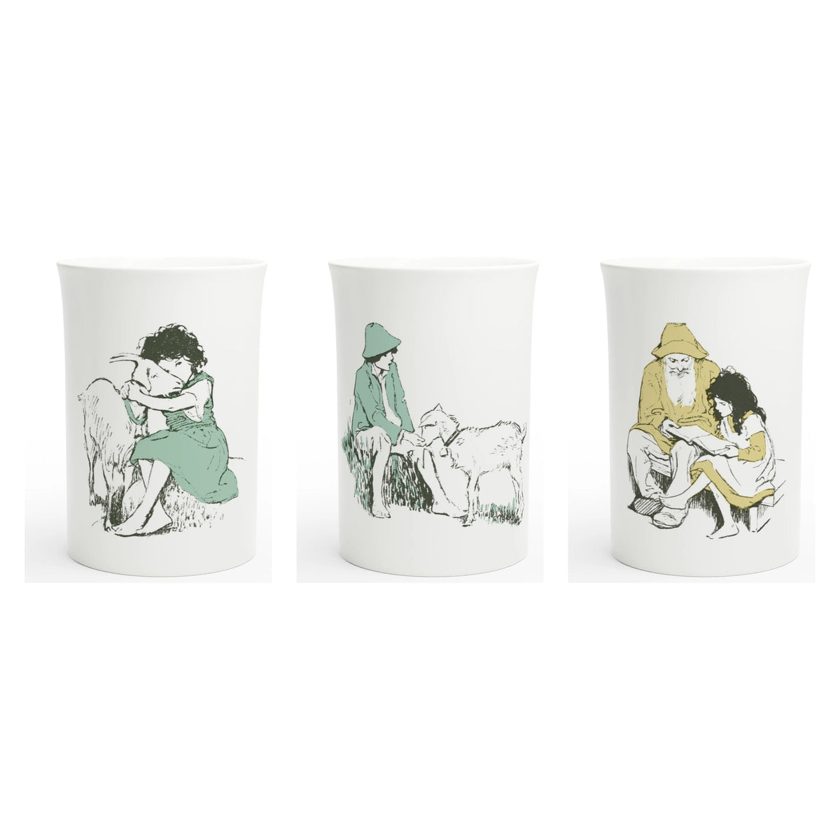 Heidi Anniversary Set – three porcelain art mugs with Jessie Willcox Smith's 1922 Heidi vignettes: Heidi, Peter and the Alm-Uncle