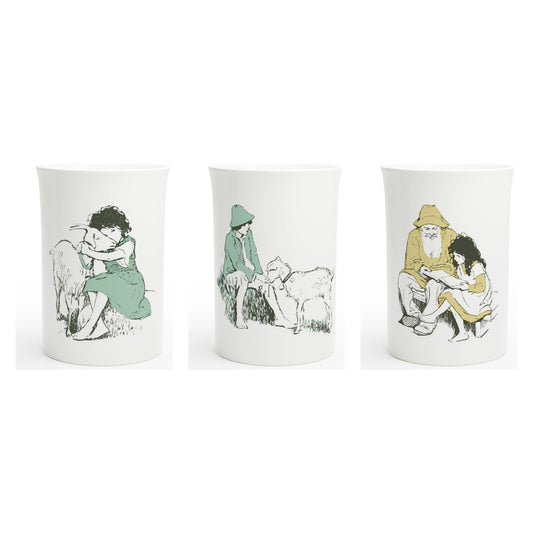 Heidi Anniversary Set – three porcelain art mugs with Jessie Willcox Smith's 1922 Heidi vignettes: Heidi, Peter and the Alm-Uncle